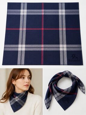 Burberrys Nova Check Handkerchief Scarf 20x20 Navy Plaid Logo